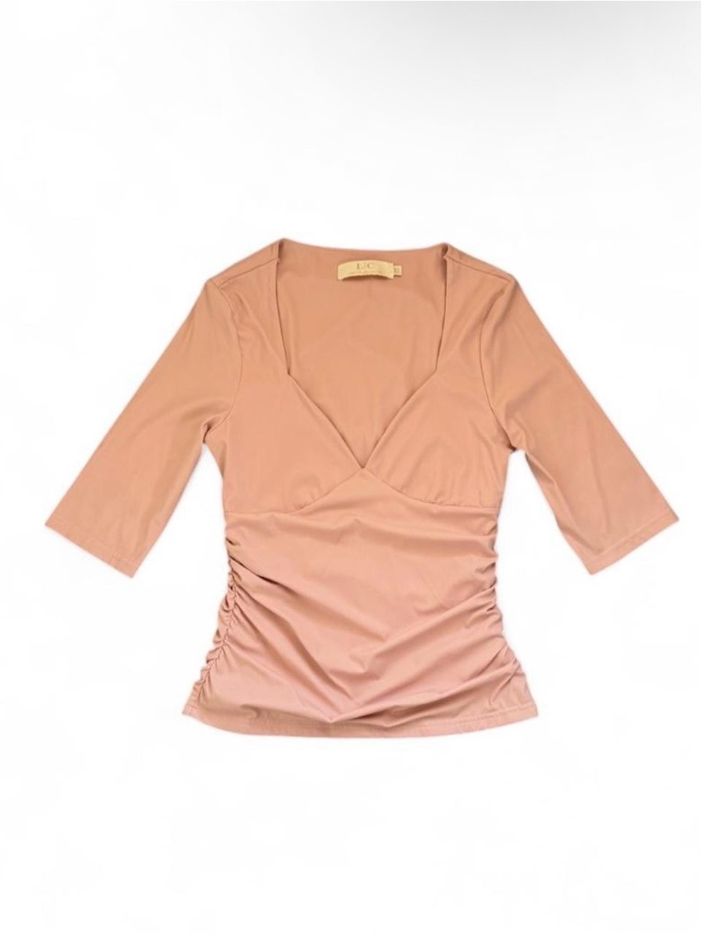 Women’s Ruched V-Neck Tee in Dusty Peach